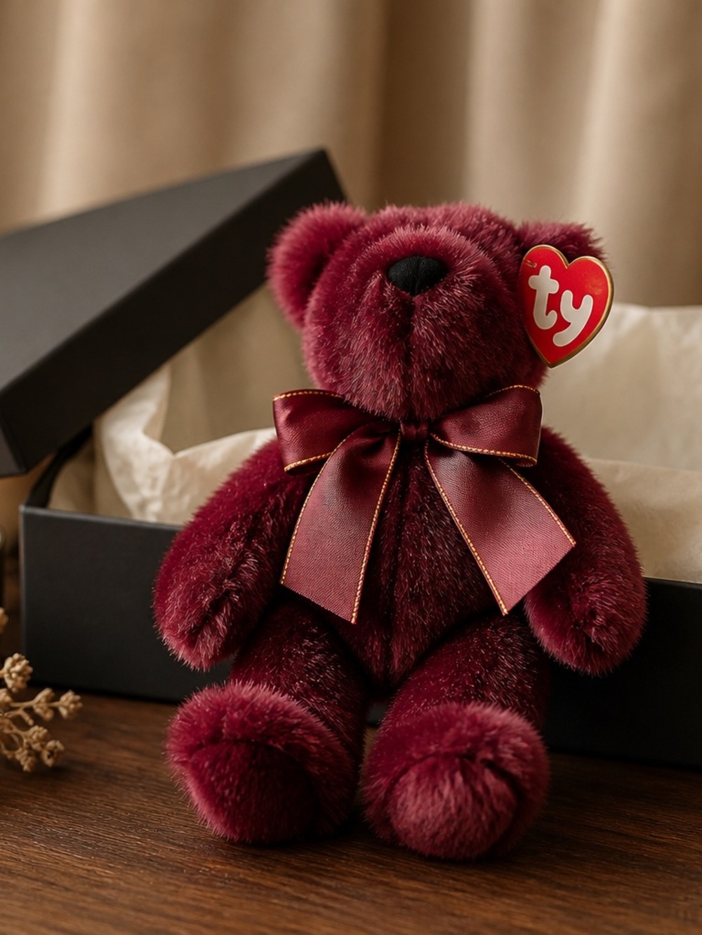 Ty Burgundy Plush Bear with Satin Bow